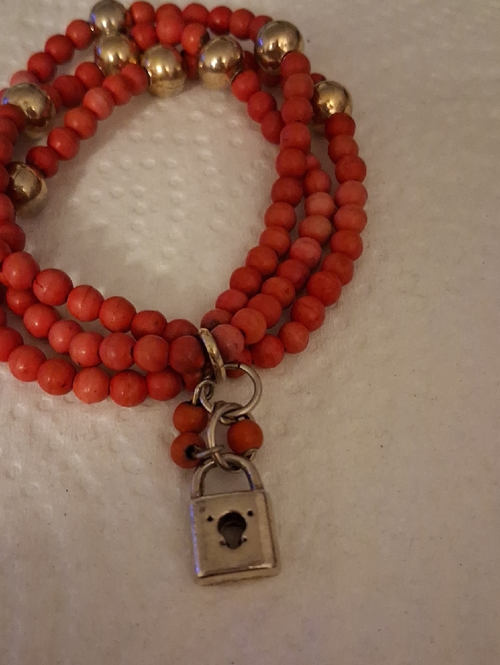 Coral Multi-Strand Beaded Bracelet with Silver Padlock Charm